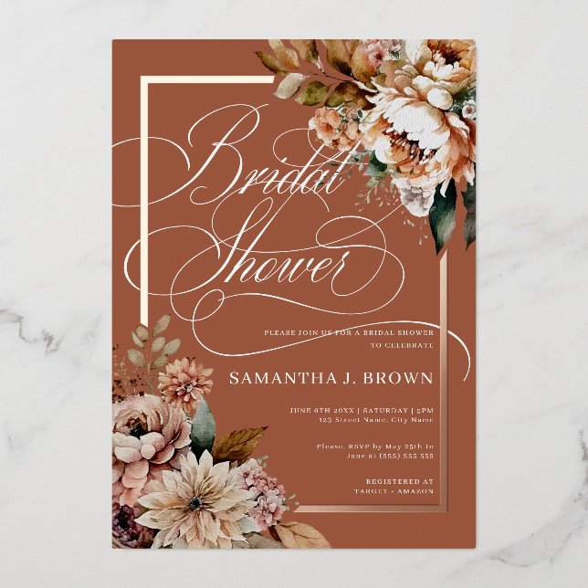 Boho Chic Watercolor Flowers Fall Bridal Shower Foil Invitation (Front)
