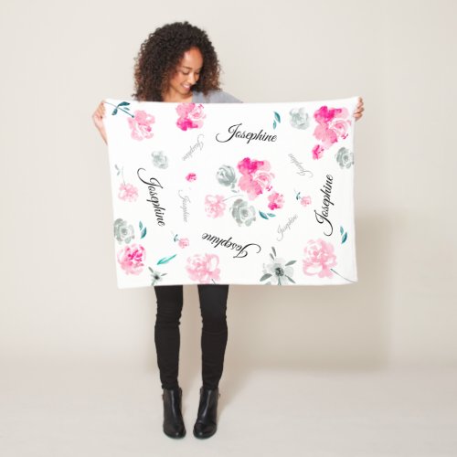 Boho Chic Watercolor flowers repeated Name Baby Fleece Blanket