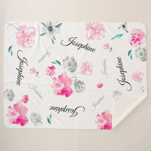 Boho Chic Watercolor flowers repeated Name Baby Sherpa Blanket