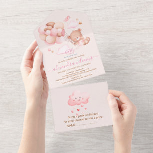 Boho Chic Watercolor Girl Teddy Bear with Pink Bal All In One Invitation
