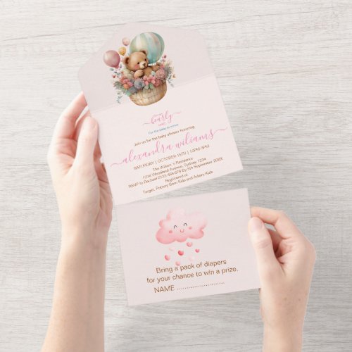 Boho Chic Watercolor Girl Teddy Bear with Pink Bal All In One Invitation