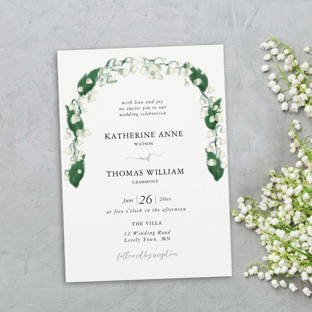 Boho Chic Watercolor Lily Valley Leaf Wedding Arch Invitation (lily of the valley wedding invitation card watercolor fine art hand drawn romantic boho arch)