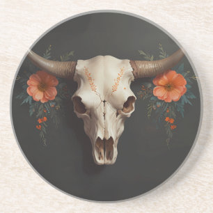 Boho Chic Watercolor Minimalist Floral Cow Skull Coaster