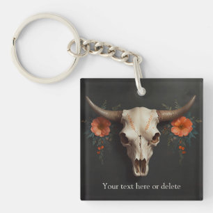 Boho Chic Watercolor Minimalist Floral Cow Skull Keychain