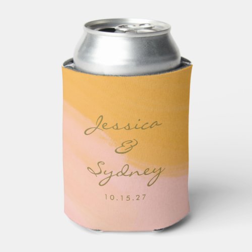 Boho Chic Watercolor Pink and Yellow Name Wedding  Can Cooler