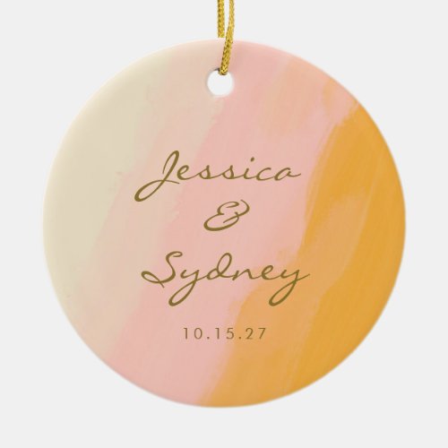 Boho Chic Watercolor Pink and Yellow Name Wedding  Ceramic Ornament
