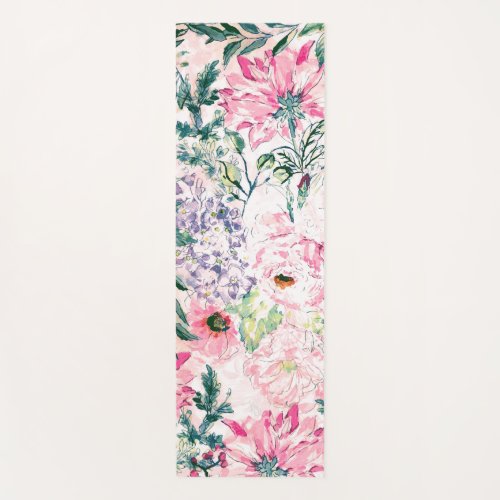 Boho chic watercolor pink floral hand paint yoga mat