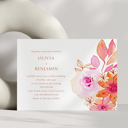 Boho Chic Watercolor Pink Orange Flowers Wedding Invitation