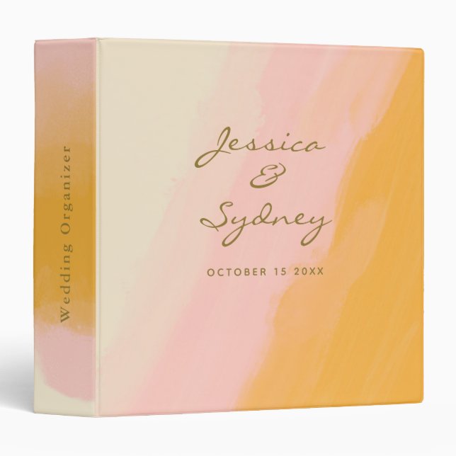 Boho Chic Watercolor Pink Yellow Wedding Planner 3 Ring Binder (Front/Spine)