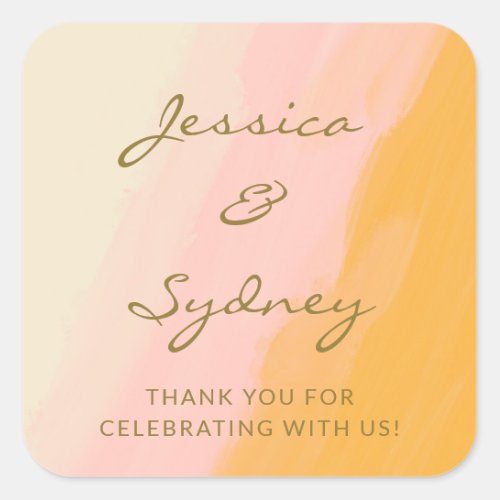 Boho Chic Watercolor Pink Yellow Wedding Thank You Square Sticker
