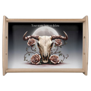 Boho Chic Watercolor Romantic Cow Skull Serving Tray