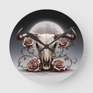 Boho Chic Watercolor Romantic Floral Cow Skull Round Clock