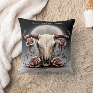 Boho Chic Watercolor Romantic Floral Cow Skull Throw Pillow