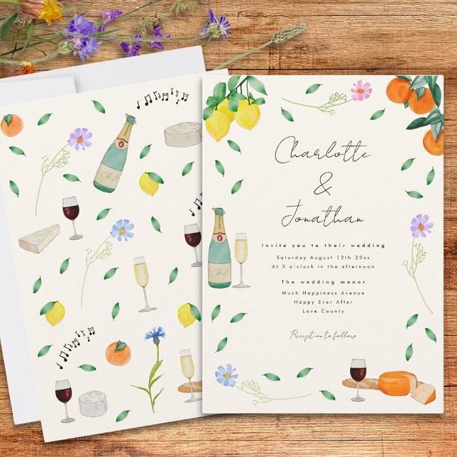 Boho Chic Watercolor Rustic Summer Wedding Invitation (Boho citrus whimsical wedding invitation with wine and cheese and wildflower watercolors)