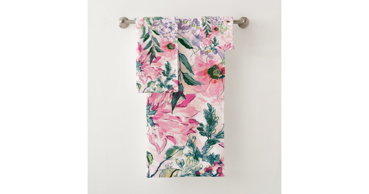 boho chic watercolor spring pink floral bath towel set Zazzle