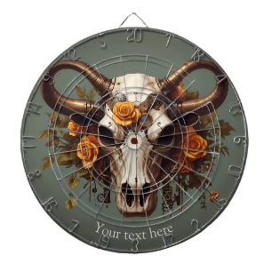 Boho Chic Watercolor Steampunk Floral Cow Skull  Dart Board