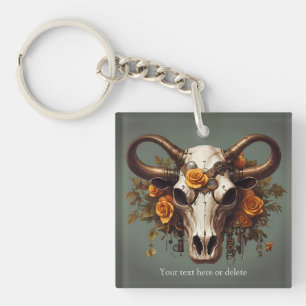 Boho Chic Watercolor Steampunk Floral Cow Skull Keychain