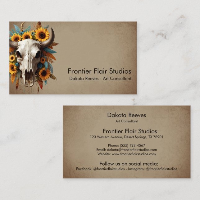Boho Chic Watercolor Sunflower Feather Cow Skull  Business Card (Front/Back)