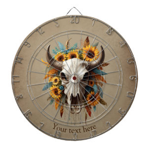 Boho Chic Watercolor Sunflower Feather Cow Skull Dart Board
