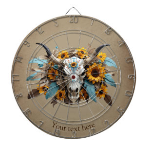 Boho Chic Watercolor Sunflower Feather Cow Skull  Dart Board