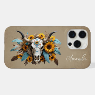 Boho Chic Watercolor Sunflower Feather Cow Skull iPhone 15 Pro Max Case