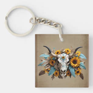 Boho Chic Watercolor Sunflower Feather Cow Skull Keychain