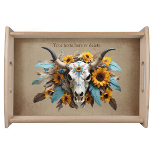 Boho Chic Watercolor Sunflower Feather Cow Skull Serving Tray