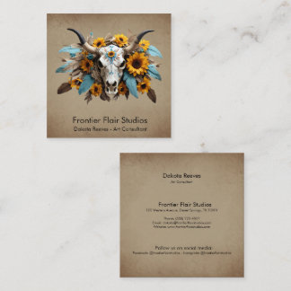 Boho Chic Watercolor Sunflower Feather Cow Skull Square Business Card