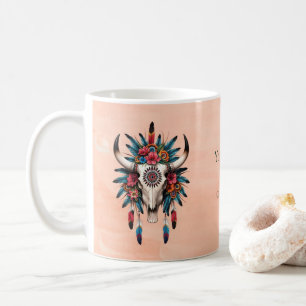 Boho Chic Watercolor Tribal Floral Cow Skull Coffee Mug