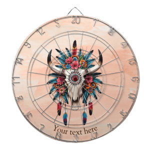 Boho Chic Watercolor Tribal Floral Cow Skull  Dart Board