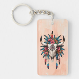 Boho Chic Watercolor Tribal Floral Cow Skull  Keychain