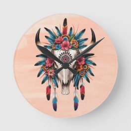 Boho Chic Watercolor Tribal Floral Cow Skull Round Clock