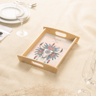 Boho Chic Watercolor Tribal Floral Cow Skull Serving Tray