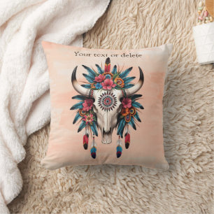 Boho Chic Watercolor Tribal Floral Cow Skull Throw Pillow