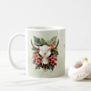 Boho Chic Watercolor Tropical Floral Cow Skull Coffee Mug