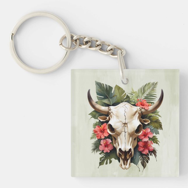 Boho Chic Watercolor Tropical Floral Cow Skull  Keychain (Front)