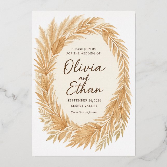 Boho Chic Wedding Invitation – Pampas Grass & Palm Foil Invitation (Front)