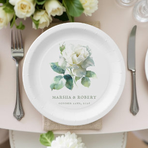Boho Chic Wedding Watercolor White Rose Minimalist Paper Plates