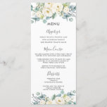 Boho Chic White Floral Eucalyptus Wedding Menu<br><div class="desc">Designed to co-ordinate with our Rustic Ivory wedding collection, this elegant wedding menu features a beautiful watercolor ivory white roses, hydrangeas, stocks and eucalyptus greenery arrangement. Personalize it with your wedding details easily and quickly, simply press the customise it button to further re-arrange and format the style and placement of...</div>