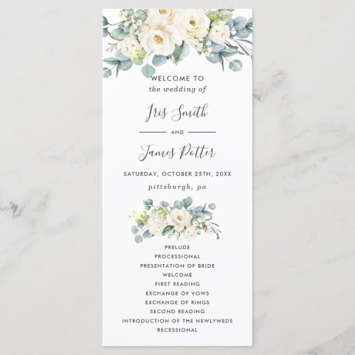 Boho Chic White Floral Eucalyptus Wedding Program