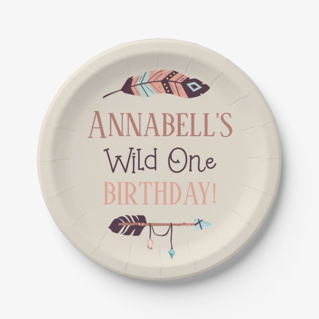 Boho Chic Wild ONE Girly Birthday Party Paper Plates (Front)