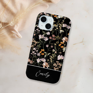 Boho Chic Wildflower Black Floral Elegant iPhone 15 Case