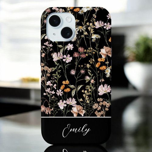 Boho Chic Wildflower Black Floral Elegant iPhone 15 Case