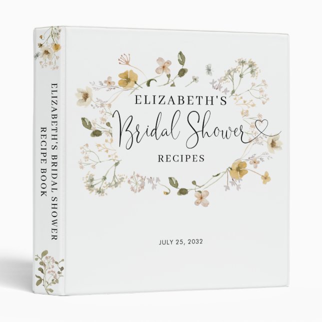Boho Chic Wildflower Floral Bridal Shower Recipe 3 Ring Binder (Front/Spine)