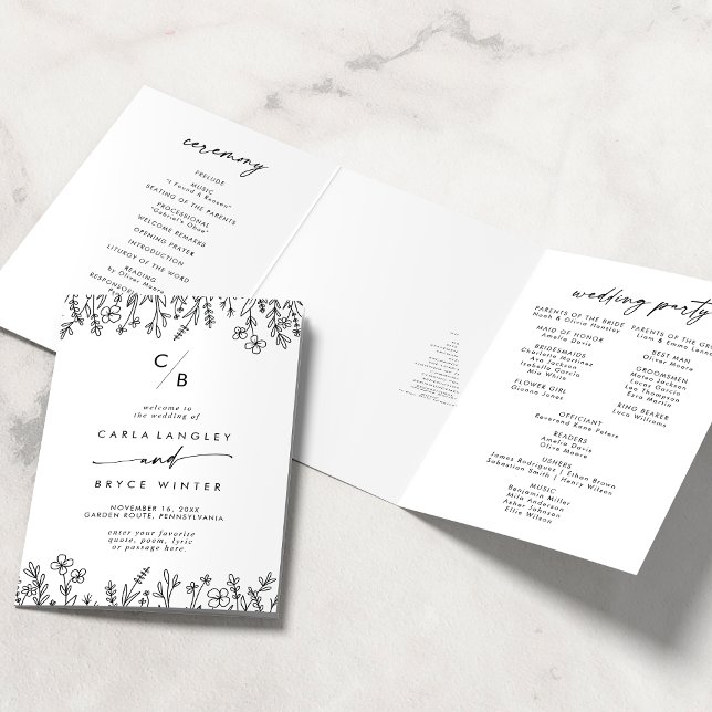 Boho Chic Wildflower Monogram Wedding Tri-Fold Program (Creator Uploaded)