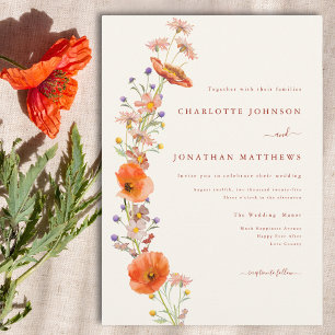Boho Chic Wildflower Orange Brown Floral Wedding Invitation