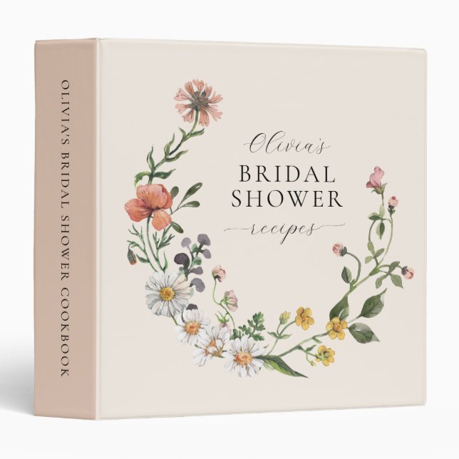 Boho Chic Wildflower Wreath Bridal Shower Recipes 3 Ring Binder (Front/Spine)