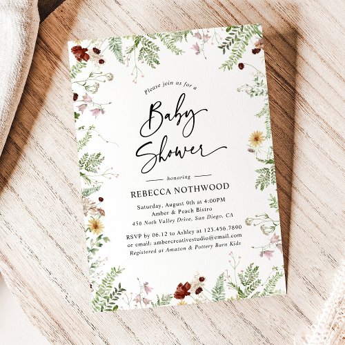 Boho Chic Wildflowers Baby Shower with Green Invitation