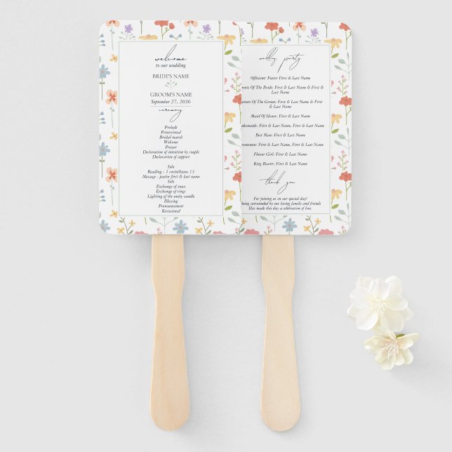 Boho Chic Wildflowers Floral Program Wedding Hand Fan (Front and Back)