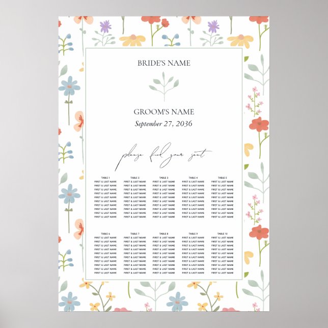 Boho Chic Wildflowers Floral Wedding Seating Chart (Front)